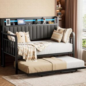 Daybed with Trundle & LED Light, Metal Twin Frame, Storage Headboard