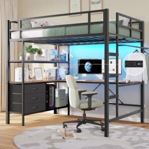 Full Metal Loft Bed with L-Shaped Desk, Storage & LED Lights Full Metal Loft Bed with L-Shaped Desk, Storage & LED Lights