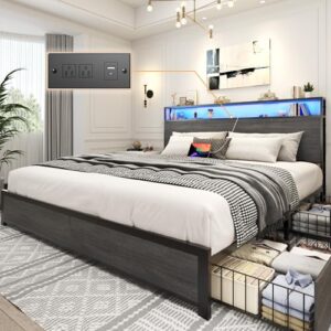 Lifezone King Bed Frame with Storage, Charging, LED – Rustic Grey